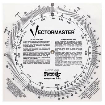 The Weems & Plath Vectormaster from SailorShop.co.uk is a square navigation tool featuring circular slide rule dials, degree markings, and instructions for calculating wind correction and speed.