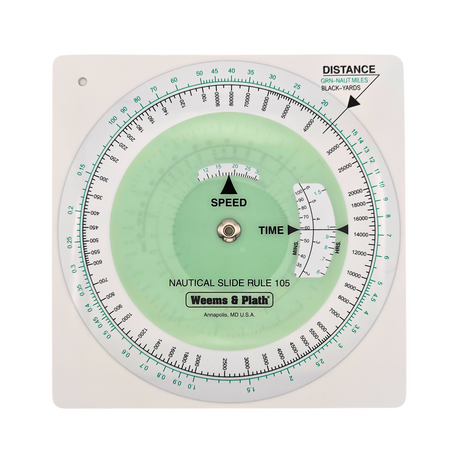 The Weems & Plath Nautical Slide Rule, modeled as 105, is a circular Time Speed Distance Calculator with scales for problem-solving. Its outer ring measures distance in grid-nautical miles and black-yards, set against a central green design.