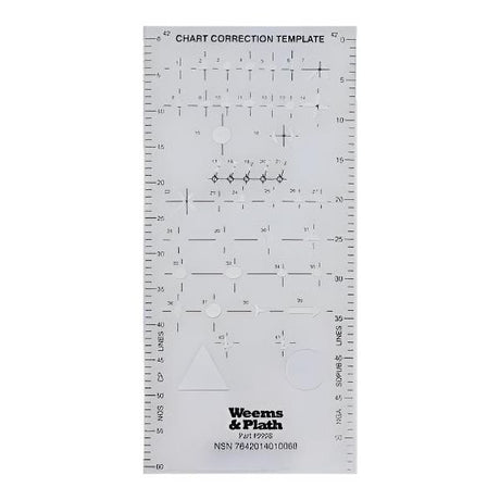 The Weems & Plath Chart Correction Template is a transparent plastic tool by Weems & Plath that includes various navigational stencils and maritime buoyage symbols. It features marked measurements and item numbers to assist in making precise chart adjustments.