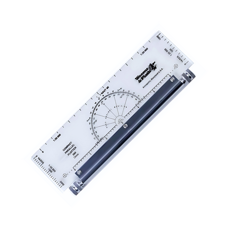 The Weems & Plath Compact Parallel Plotter is an effective navigation instrument designed with black markings to measure angles and distances. It features protractor and ruler scales in both inches and nautical miles, which makes it ideal for use with nautical charts. Its rotating center arm and two small knobs facilitate precise adjustments.