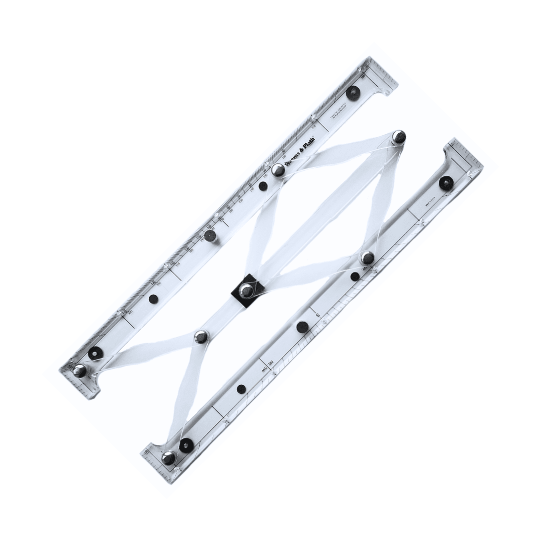 The Weems & Plath GPS Plotter, showcasing a transparent plastic design with black hinges and measurement markings, is presented against a white backdrop. Ideal for paper charts, this flat and open plotter clearly reveals its mechanics and scale numbers.