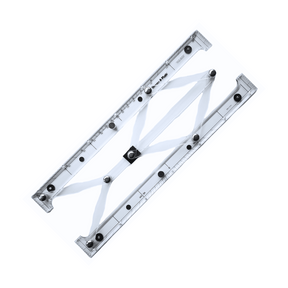 The Weems & Plath GPS Plotter, showcasing a transparent plastic design with black hinges and measurement markings, is presented against a white backdrop. Ideal for paper charts, this flat and open plotter clearly reveals its mechanics and scale numbers.