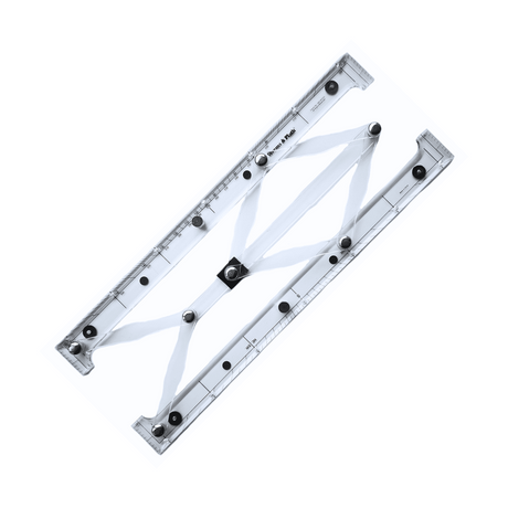 The Weems & Plath GPS Plotter, showcasing a transparent plastic design with black hinges and measurement markings, is presented against a white backdrop. Ideal for paper charts, this flat and open plotter clearly reveals its mechanics and scale numbers.