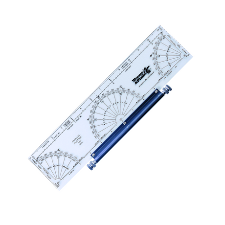 The Weems & Plath Parallel Plotter is a translucent rectangular instrument featuring degree-marked protractors, a central pivoting blue bar, and ruler edges. Ideal for measuring and drawing angles or plotting courses, it includes a lifetime warranty. The background is white.