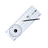 A Weems & Plath Protractor is placed on a rectangular white navigation plotter featuring a compass rose grid. A pencil is positioned diagonally across this vital navigation instrument, highlighting its various measurement scales and indicators.