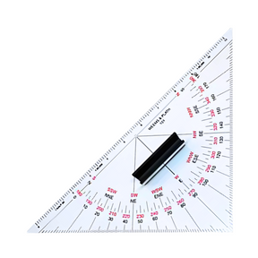 The Weems & Plath Protractor Triangle with Handle by Charles, Smith & Reddish is a clear triangular drafting tool featuring protractor markings, multiple scales, a black center handle, and red and black numerical notations for precise directional chart work.