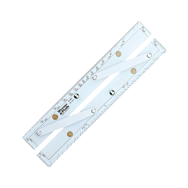 The Weems & Plath 12" Parallel Rule features multiple sliding arms and joints for precise plotting, complete with measurement markings in both centimeters and inches. Its clear, transparent design and metal connectors offer a touch of nautical sophistication.