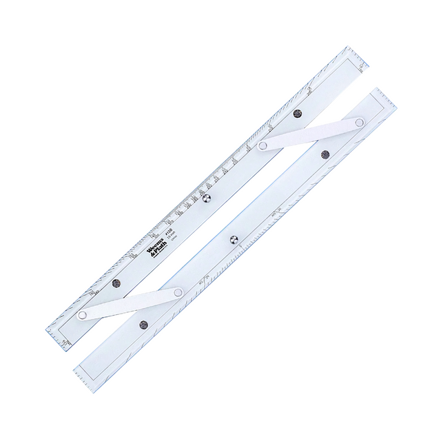 The Weems & Plath 15" Parallel Rule is a transparent drafting tool equipped with adjustable brushed aluminum arms and measurement markings along the edges, including a protractor scale, designed for precise drawing and measuring by seagoing navigators.