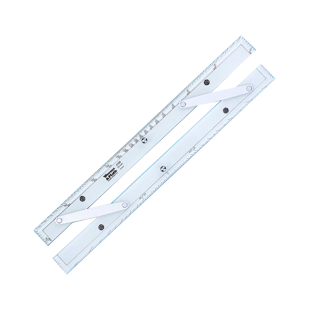 The Weems & Plath 18" Parallel Rule, crafted by Weems & Plath, features two straight edges and adjustable aluminum arms connected by precision screws, making it ideal for drafting and navigation. This essential tool in any navigation kit includes measurement markings and is elegantly displayed on a white background.