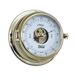 The Weems & Plath Brass Endurance II 135 Open Dial Barometer, a wall-mounted nautical instrument, features a round face with markings for "Rain," "Change," and "Fair," visible internal gears, and the Weems & Plath brand on the dial—ideal for weather enthusiasts.