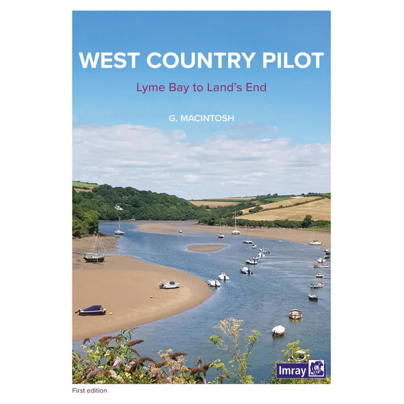 Cover of "West Country Pilot" by Imray, showing a scenic river with boats amidst green hills under a blue sky, offering sailing directions to the Isles of Scilly.