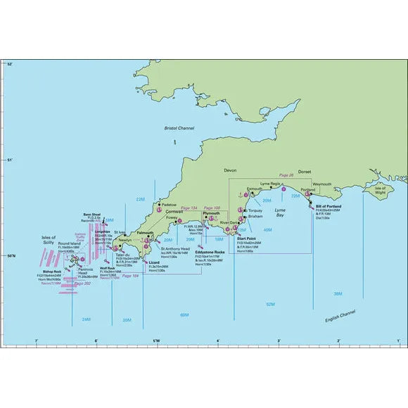 The West Country Pilot by Imray is a nautical chart covering South West England's coastline, including the Isles of Scilly, Cornwall, and Dorset. It provides sailing directions, shipping lanes, buoys, navigational aids, major ports like Falmouth and Plymouth, water depths, and coastal outlines.