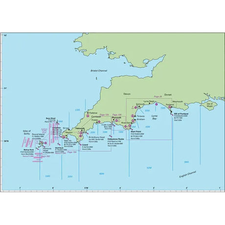 The West Country Pilot by Imray is a nautical chart covering South West England's coastline, including the Isles of Scilly, Cornwall, and Dorset. It provides sailing directions, shipping lanes, buoys, navigational aids, major ports like Falmouth and Plymouth, water depths, and coastal outlines.