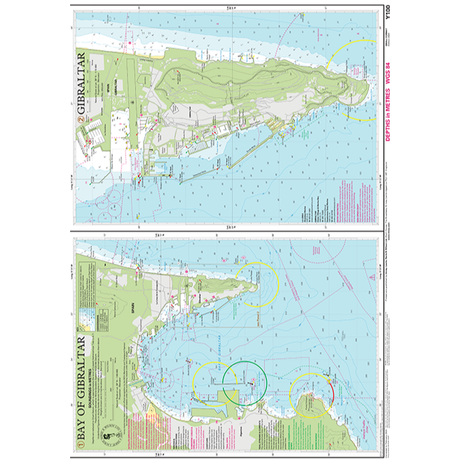 The Imray Chart Y100: Gibraltar Bay and Harbour by Imray displays land boundaries, harbors, depths, and navigational aids on durable water-resistant paper for safe navigation in Gibraltar Bay.