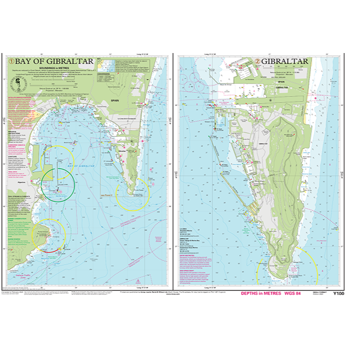 The Imray Chart Y100L | Gibraltar Bay and Harbour (Laminated) by Imray provides a comprehensive depiction of the Bay of Gibraltar, divided into two detailed sections. The left section illustrates the northern part of the bay with essential navigational markers, while the right section offers an in-depth view of the southern bay area and the Strait of Gibraltar, featuring depth contours and geographic details.