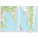 The Imray Chart Y100L | Gibraltar Bay and Harbour (Laminated) by Imray provides a comprehensive depiction of the Bay of Gibraltar, divided into two detailed sections. The left section illustrates the northern part of the bay with essential navigational markers, while the right section offers an in-depth view of the southern bay area and the Strait of Gibraltar, featuring depth contours and geographic details.