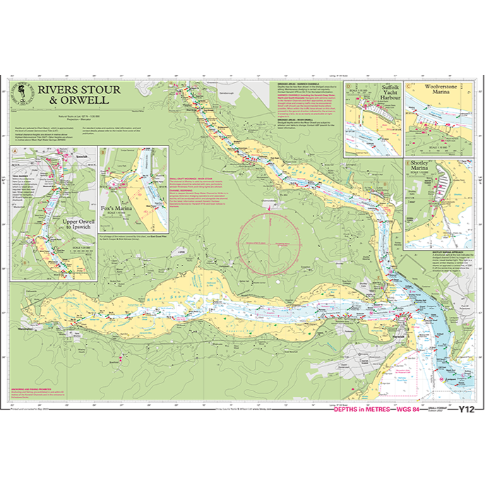 The Imray Chart Y12L | Rivers Stour and Orwell (Laminated) by Imray is a detailed navigational chart featuring intricate geography, landmarks, and water depths in meters. Insets offer closer views of various sections. The map is extensively annotated with navigational aids, routes, and surrounding land features in green.