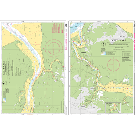 The Imray Chart Y14L | The Swale (Laminated) from Imray showcases two sections: East Swale on the left and West Swale on the right. Both sections provide detailed coastal waterways, landforms, depth contours, and navigation aids. The chart features various symbols and notations indicating geographical features and navigational details.