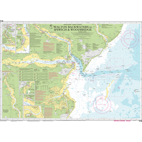 The Imray Chart Y16, titled "Walton Backwaters to Ipswich and Woodbridge," is a detailed nautical chart that serves as a comprehensive guide to the UK's waterways. Created by the brand Imray, it includes features such as land, water depth, coastline details, navigation routes, and key locations like Ipswich and Woodbridge. Insets provide additional information for navigators.