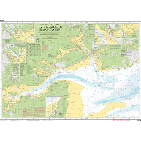 The Imray Chart Y17A, focusing on the Rivers Colne and Blackwater along England's East Coast, provides a detailed guide depicting water depths, navigational aids, hazards, topography, and landmarks. Insets offer views of smaller areas and harbors, making it a valuable addition to Imray's Y Series charts for UK waterways.