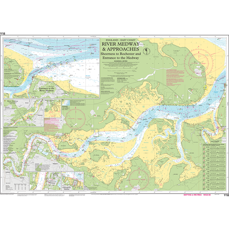 Imray Chart Y18: The River Medway and Approaches by Imray, created with UKHO data, covers Sheerness to Rochester. Features detailed maps, depth markings, navigation aids, and land features of England’s east coast.