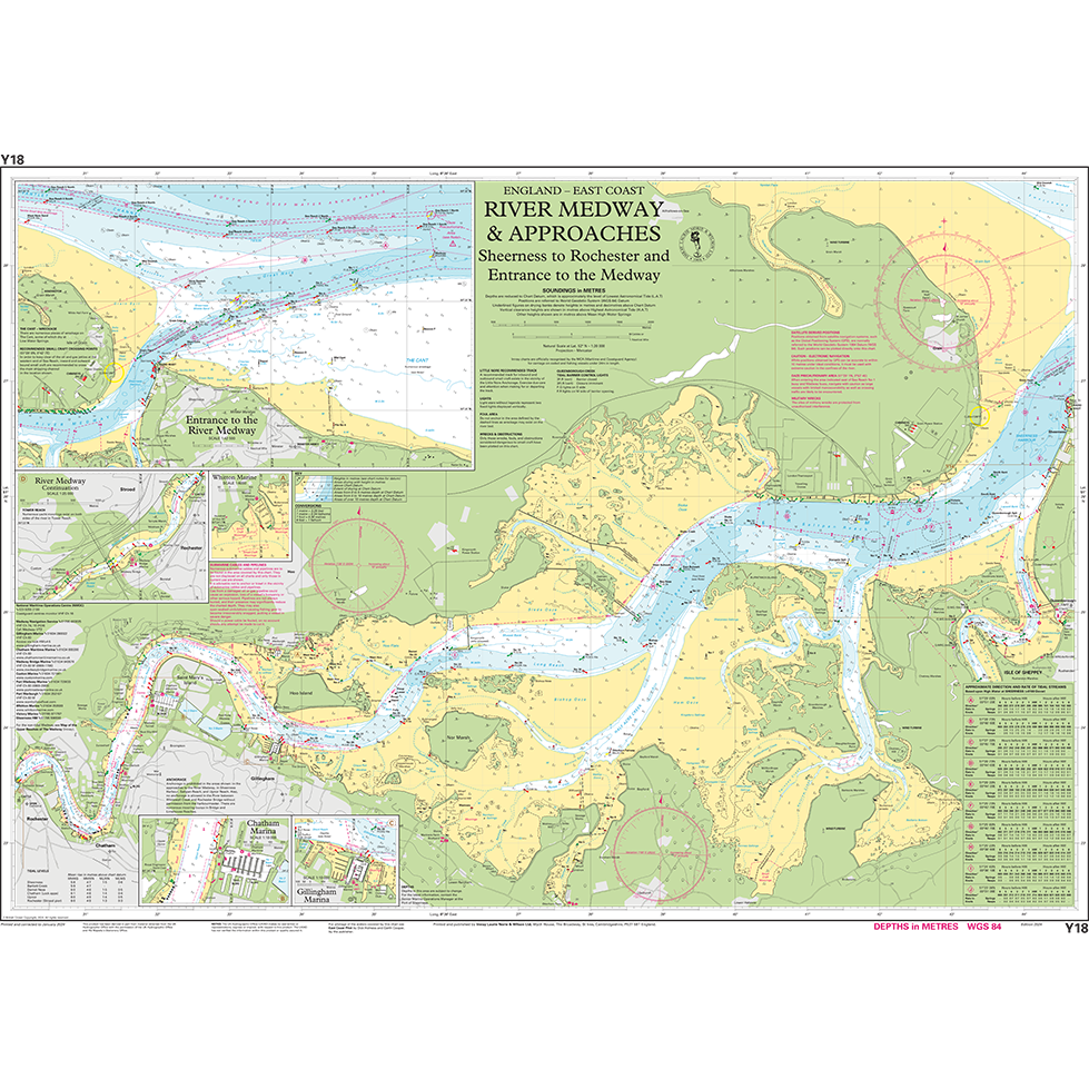 Imray Chart Y18, part of the Imray Y Series, details England's east coast with a focus on the River Medway and its approaches, spanning from Sheerness to Rochester. This chart features depth measurements, navigational aids, hazards, and includes detailed insets of specific areas along this essential UK waterway.