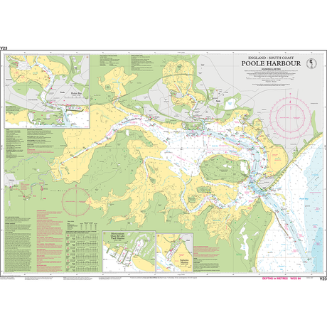 Imray Chart Y23: Poole Harbour by Imray is a nautical chart for small craft, detailing water depths, routes, landmarks, coastal features, legends, compass roses, and inset maps of England’s south coast.