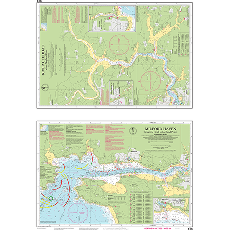 The Imray Chart Y26, titled "Milford Haven and River Cleddau," features two sections: the upper section illustrates the "River Cleddau" with meticulous water depths, land topography, and navigation markers. The lower section, labeled "Milford Haven," presents detailed harbor information, depth contours, and maritime routes of UK waterways.