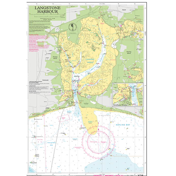 The Imray Chart Y28 | Langstone Harbour (Small Format) by Imray provides detailed navigation information, landmarks, and water depths for Langstone Harbour. It includes an inset with a detailed map of Southsea Marina and features terrestrial details such as roads and green areas representing land features.