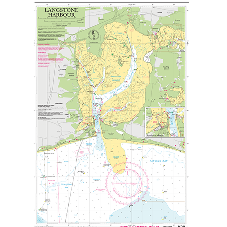 Presenting the Imray Chart Y28L | Langstone Harbour (Laminated) from the renowned Imray brand—a comprehensive map detailing waterways, surrounding land regions, and significant locations. This chart features depth markers, navigational information, and an inset of Southsea Marina. The map clearly marks surrounding areas and includes text boxes with additional navigational details.