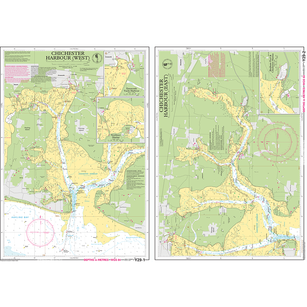 The Imray Chart Y29L: Chichester Harbour (Laminated) by Imray details water depths, navigation aids, marked channels, landmarks, and local features in both west and east sections of Chichester Harbour.