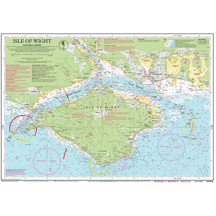 Introducing the Imray Chart Y30L | Isle of Wight (Laminated) by Imray, a comprehensive nautical chart of the Isle of Wight and surrounding waters. This map features detailed representations of UK waterways, geographic landmarks, water depths, navigational aids, and hazards marked in various colors. It clearly depicts ports, coastal towns, and navigational routes for easy navigation.