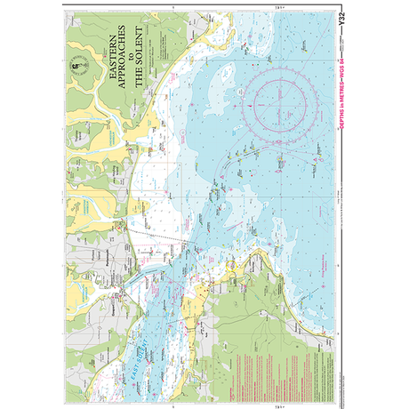 The Imray Chart Y32, titled "Eastern Approaches to the Solent" in a small format from the Imray brand, provides a detailed nautical chart showcasing coastal and underwater features of the area. It includes depth measurements, navigational aids, hazards, and topographical details of the surrounding land in UK Waterways.