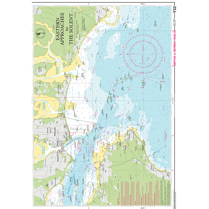 Imray Chart Y32: Eastern Approaches to the Solent by Imray shows coastal areas, depths, navigation aids, shipping lanes, and landmarks—perfect for small craft with detailed maritime markings and notes.