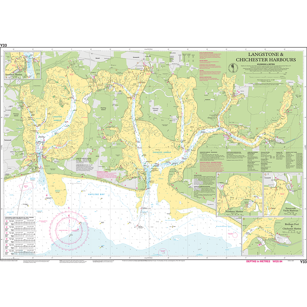 The Imray Chart Y33 | Langstone and Chichester Harbours, by Imray, is a nautical map that presents detailed waterways, harbors, and land formations. This chart from the Imray Y Series includes depth measurements, navigational markers, and areas of interest. Additionally, insets offer further details on specific sections of these UK waterways.