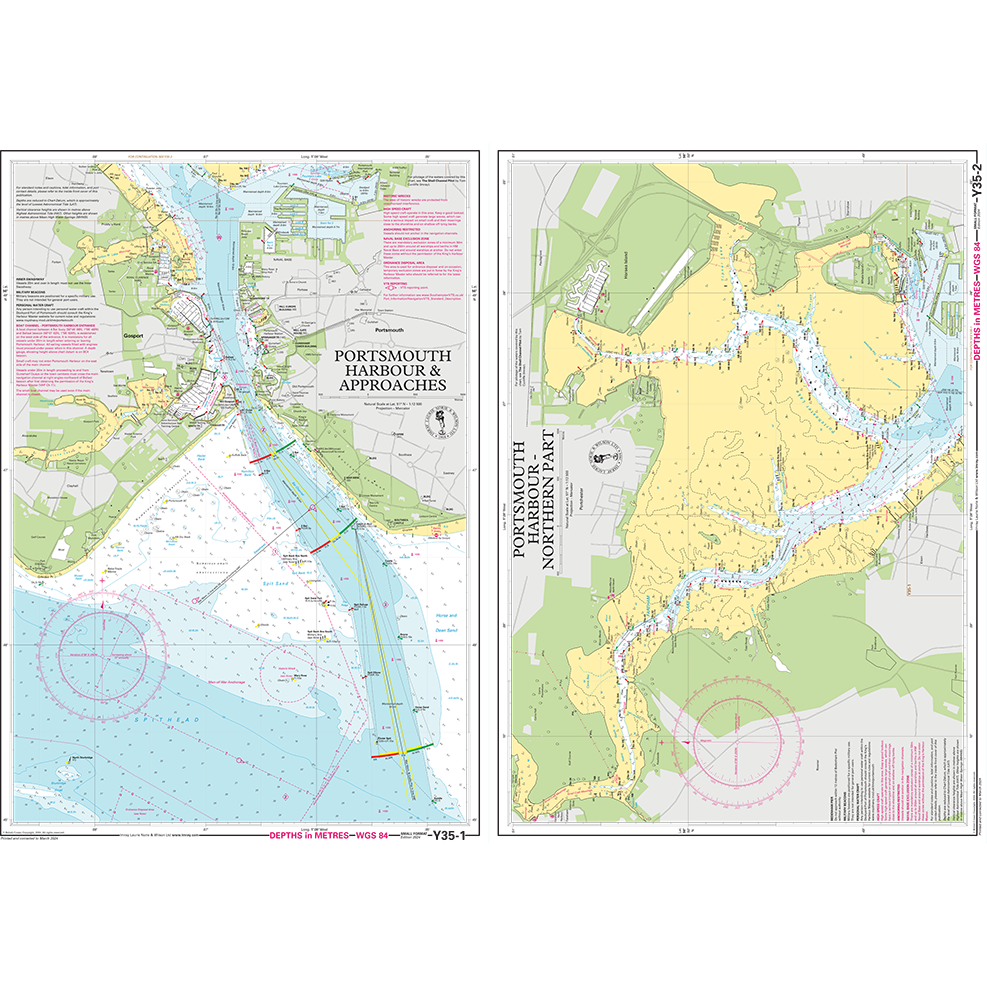 The Imray Chart Y35 | Portsmouth Harbour and Approaches (Small Format) by Imray provides a detailed nautical chart of Portsmouth Harbour and its approaches. It showcases water depths, navigational aids, and hazards. The chart is divided into two sections, with the eastern part on the left and the northeastern part on the right. Additionally, it features land attributes and harbor facilities as part of the Imray Y Series charts.