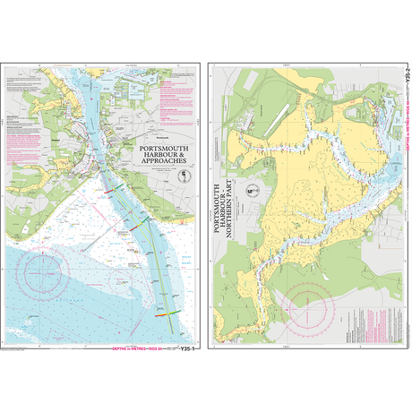 The Imray Chart Y35L | Portsmouth Harbour and Approaches (Laminated) by Imray offers a detailed view of Portsmouth Harbour and its approaches, featuring water depths, navigational routes, buoys, and other maritime markers. This laminated chart includes a legend, scale, and various noted landmarks of the surrounding UK waterways.