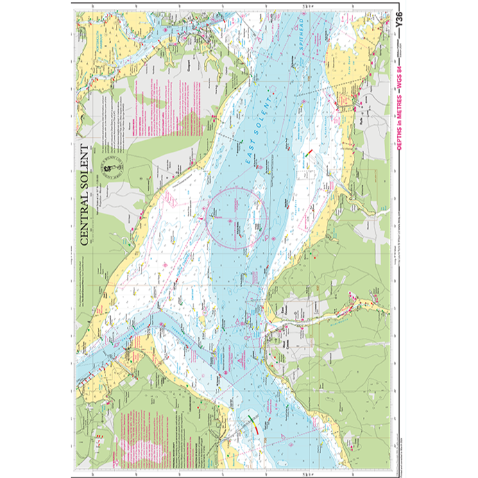An Imray Chart Y36L | Central Solent (Laminated) by Imray, illustrating water depths, navigational markers, shipping routes, and coastal details. This detailed chart features symbols, meter-based depth measurements, and color-coding to distinguish land, water, and shallow areas common in UK waterways.