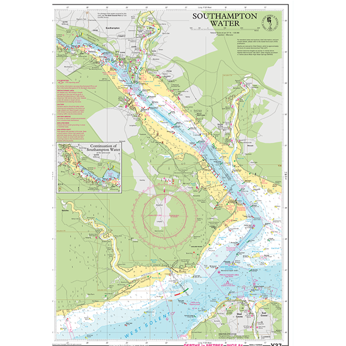 The Imray Chart Y37L | Southampton Water (Laminated) by Imray is a comprehensive nautical chart that covers navigational routes, water depths, buoys, and various landmarks along the coastline. It also includes an inset section for a detailed view of a smaller area, providing guidance for safe navigation on UK waterways.