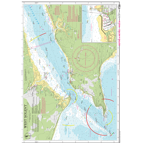 The Imray Chart Y38 | West Solent (Small Format), part of the Imray Y Series, features detailed maritime navigation information. It displays water depths, coastal landmarks, and navigational aids. The chart includes an inset map of the Lymington River and surrounding UK waterways, with longitude and latitude lines.