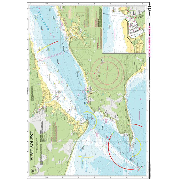 The Imray Chart Y38 | West Solent (Small Format), part of the Imray Y Series, features detailed maritime navigation information. It displays water depths, coastal landmarks, and navigational aids. The chart includes an inset map of the Lymington River and surrounding UK waterways, with longitude and latitude lines.