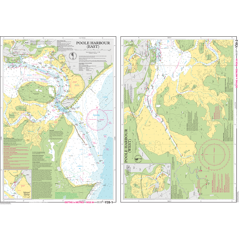 The Imray Chart Y39 | Poole Harbour (Small Format) by Imray is a nautical chart covering the eastern section of Poole Harbour. This detailed map features water depths, navigation routes, coastlines, landmarks, and navigational aids. It uses descriptive text and symbols to indicate various maritime details and hazards in the area near Studland Bay.