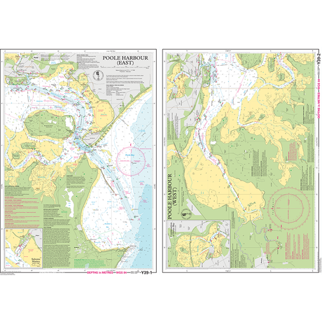 The Imray Chart Y39L: Poole Harbour (Laminated) by Imray is a water-resistant nautical chart showing detailed depths, routes, and landmarks in vivid colors, with labeled points and compass roses for easy navigation.