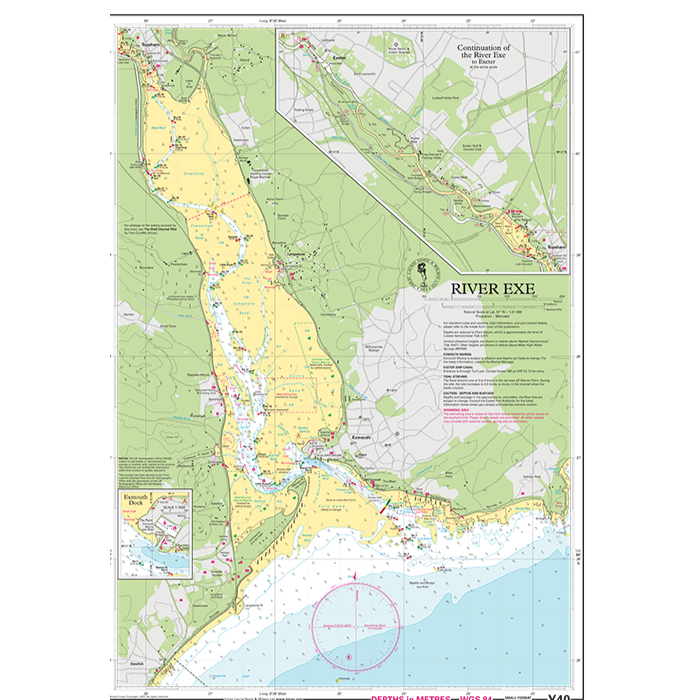 The Imray Chart Y40 | River Exe (Small Format) by Imray is a detailed nautical chart highlighting navigational routes, depth contours, landmarks, and surrounding areas. As part of the Imray Y Series charts for UK waterways, this chart includes a compass rose, annotations for maritime navigation, and points of interest along the riverbanks and coastline.