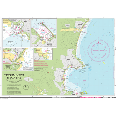 The Imray Chart Y41 | Teignmouth and Tor Bay (Small Format) from the Imray Y Series offers a detailed nautical overview, featuring coastal and underwater details. It includes various inset maps depicting harbors, navigational aids, depth contours in meters, and land elevations with clearly marked sea and land areas.