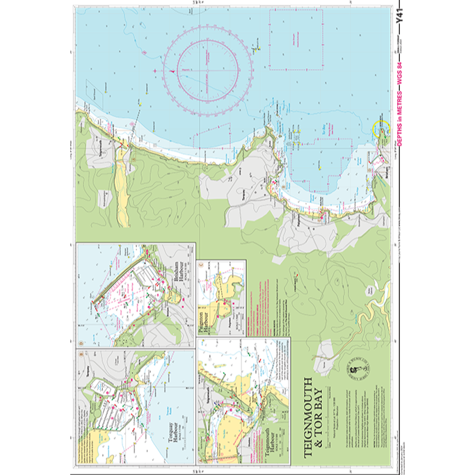Imray Chart Y41: Teignmouth and Tor Bay by Imray details coastal topography, water depths, navigational aids, and harbor info with insets—ideal for small craft navigating England’s southern coast.
