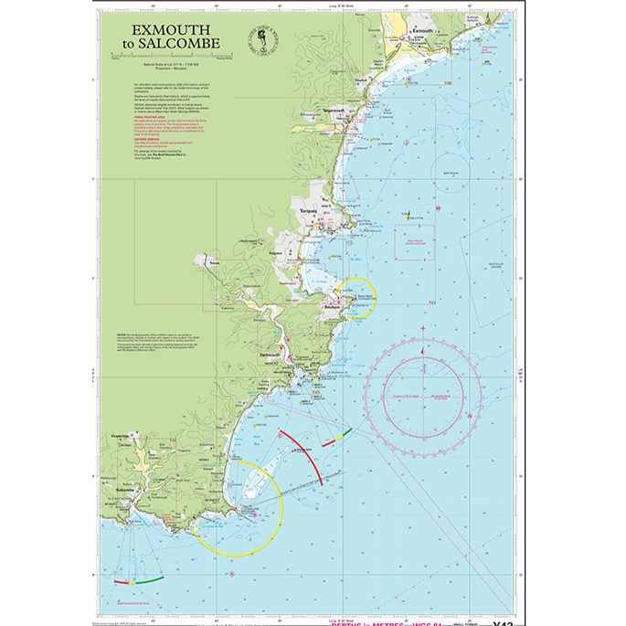 The Imray Chart Y42: Exmouth to Salcombe by Imray details the English coastline, with elevations, depths, navigational aids, harbors, marine features, compass roses, and marked hazards for safe coastal navigation.