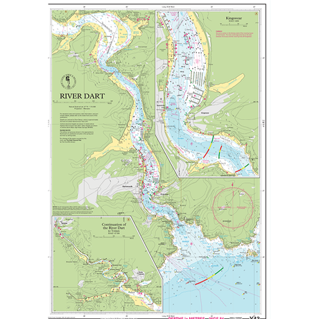 A detailed nautical chart titled "Imray Chart Y43L | River Dart (Laminated)" by Imray, covering the River Dart in the United Kingdom. This chart showcases depths, navigational aids, and topographical features. It includes Kingswear and its surrounding areas with key information and coordinates prominently displayed.