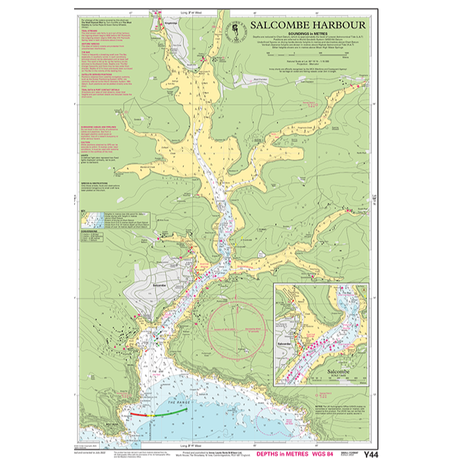 The Imray Chart Y44L | Salcombe Harbour (Laminated) by Imray is a detailed chart of Salcombe Harbour featuring notes, symbols, and depth measurements. This chart uses green to denote land, yellow for shallow waters, and blue for sea depths. Additionally, it includes an inset map of Salcombe town in the bottom right corner and has the title prominently displayed at the top. This navigational tool is ideal for navigating UK waterways.