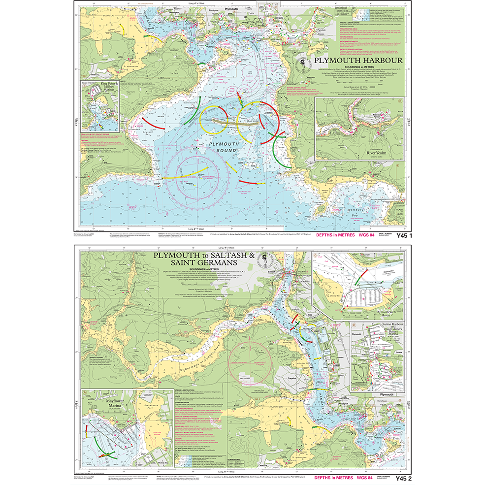 Two nautical charts from Imray's Y Series showcase the UK waterways. The top chart, named Imray Chart Y45 | Plymouth Harbour (Small Format), features detailed navigational information, highlighted routes, and depth markings. The bottom chart covers Plymouth, Saltash, and Saint Germans with navigational details for effectively navigating rivers and estuaries.